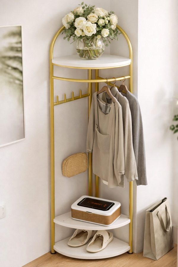 Raft decorativ de colt cu 3 rafturi, auriu cu efect marmura