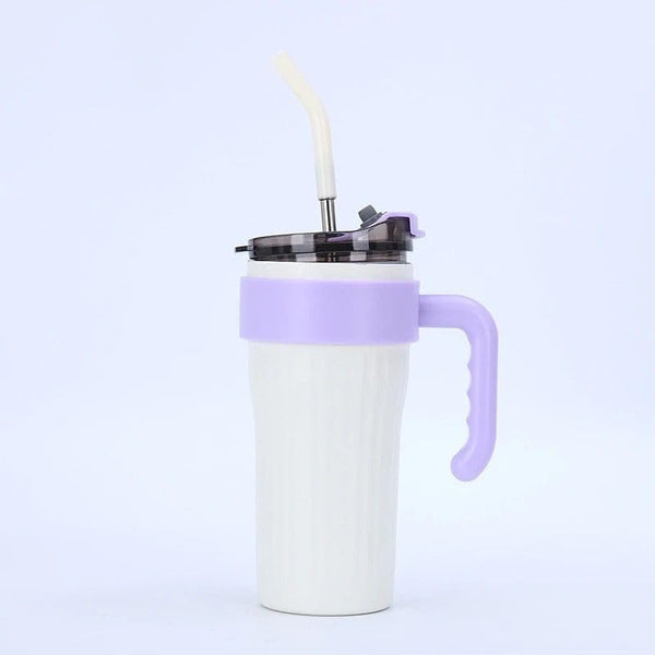 Set 4 x Pahar termic de 860 ml cu maner, capac si pai, izolat, din otel inoxidabil, reutilizabil, ideal pentru cafea si calatorii.