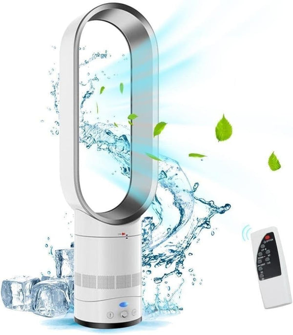 Ventilator fără pale, alb-argintiu, tip coloană, 16 inch, telecomandă inteligentă cu oscilație și temporizator