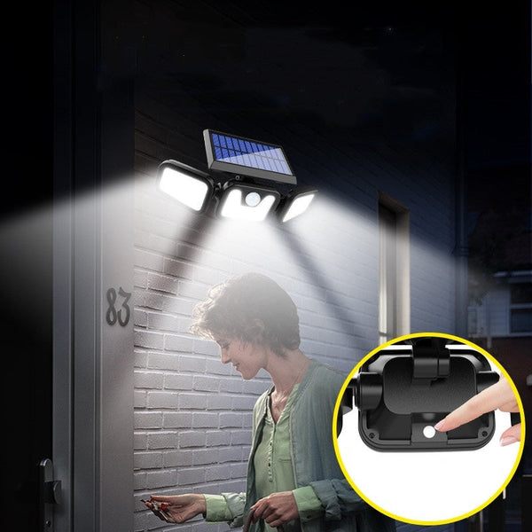 PACHET Lampa solara, de exterior cu 3 capete, LED, incarcare solara + Set 2 x lampa solara cu 6 leduri si senzor