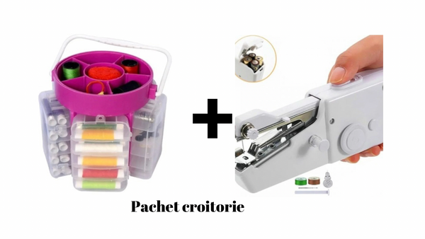 Set Masina de cusut manuala, portabila, cu baterii + Trusa de cusut si croitorie, portabila, cu 210 accesorii