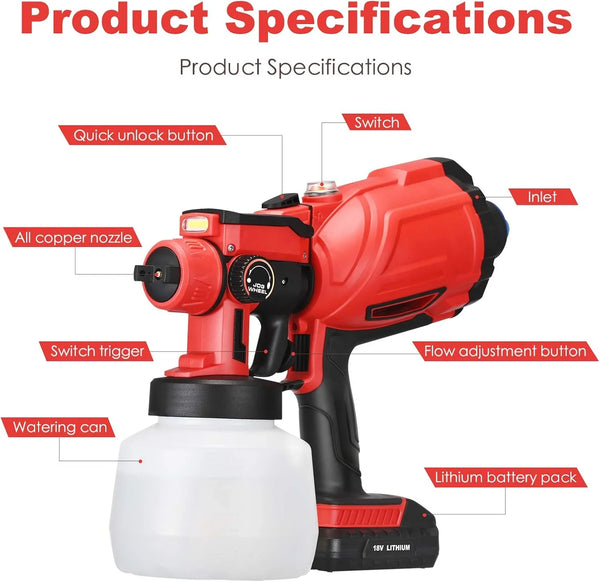 Pistol de vopsit electric 210W cu 3 moduri pulverizare, rezervor 1000ml, 2 baterii 4Ah incluse