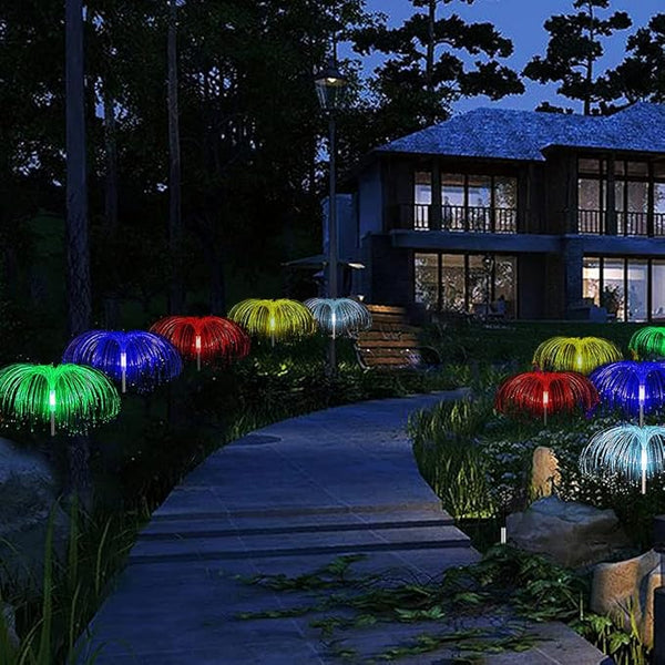 Set 2 x lampa solara tip palmier, cu fibra optica LED RGB, pentru gradina