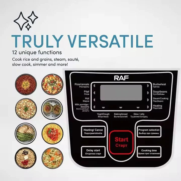 Aparat multicooker pentru gatit, RAF R166B, 700W, 5L, 12 functii, afisaj digital LED, 29x29cm