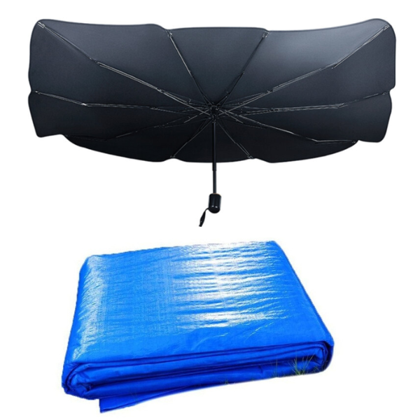 PACHET Prelata de protectie 5/6 m, impermeabila, rezistenta la UV si grindina + Parasolar pliabil tip umbrela pentru parbrizul masinii
