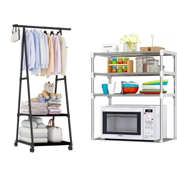 PACHET Etajera tip raft multifunctional pentru bucatarie sau baie + Suport triunghi pentru haine si umerase cu 2 rafturi inferioare