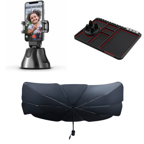 PACHET Suport rotativ telefon, Robot cameraman Bluetooth cu recunoastere faciala + Suport auto multifunctional 4-in-1 + Parasolar pliabil tip umbrela pentru parbrizul masinii