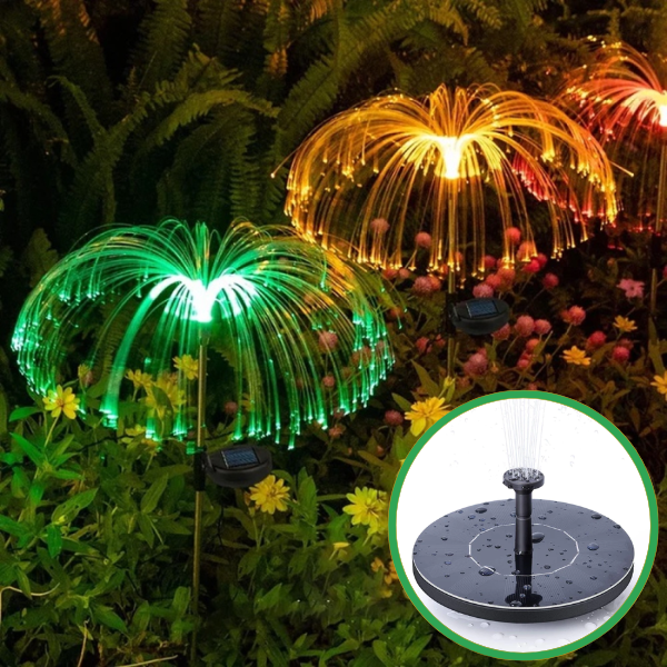PACHET Fantana solara arteziana plutitoare + Set 2 x Lampa solara tip Palmier RGB