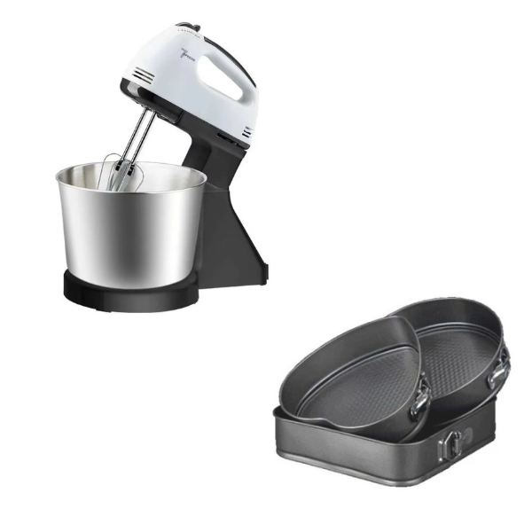 Mixer cu bol inox, putere 200 W, 2L, 7 trepte de Viteze + Set 3 tavi de prajituri, cu baza detasabila si forme diferite