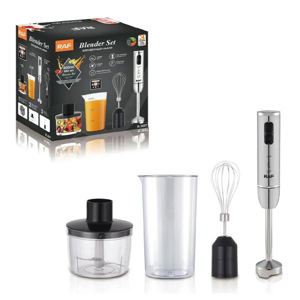 Blender RAF R3007, 4 in 1, 1600W, cu recipient de 500ml, vas de 600ml, tel si lame din otel, 2 viteze, argintiu-negru