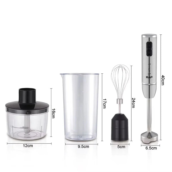Blender RAF R3007, 4 in 1, 1600W, cu recipient de 500ml, vas de 600ml, tel si lame din otel, 2 viteze, argintiu-negru
