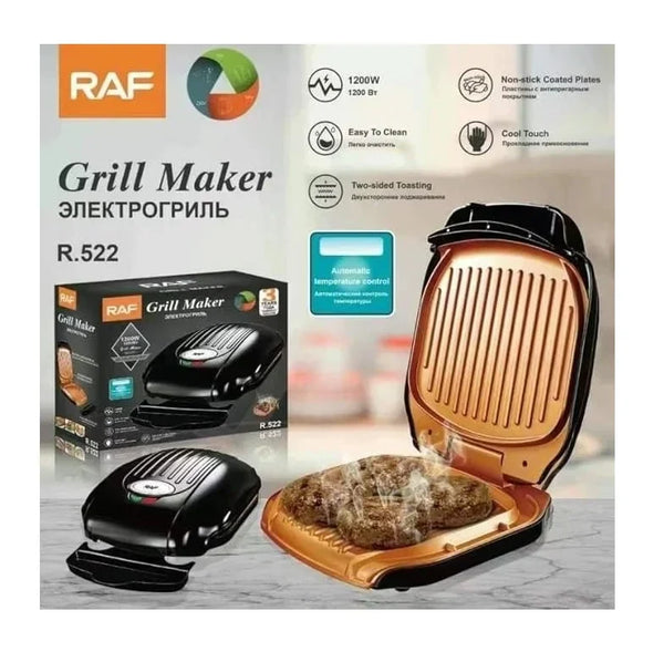 Gratar electric, RAF R522, 1000W, cu capac, placi antiaderente, 25x22x32 cm, negru
