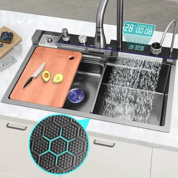 Chiuveta multifunctionala cu 2 cascade cu accesorii incluse, afisaj digital a temperaturii si robinet cascada, culoare negru grafit, dimensiune 750x460mm