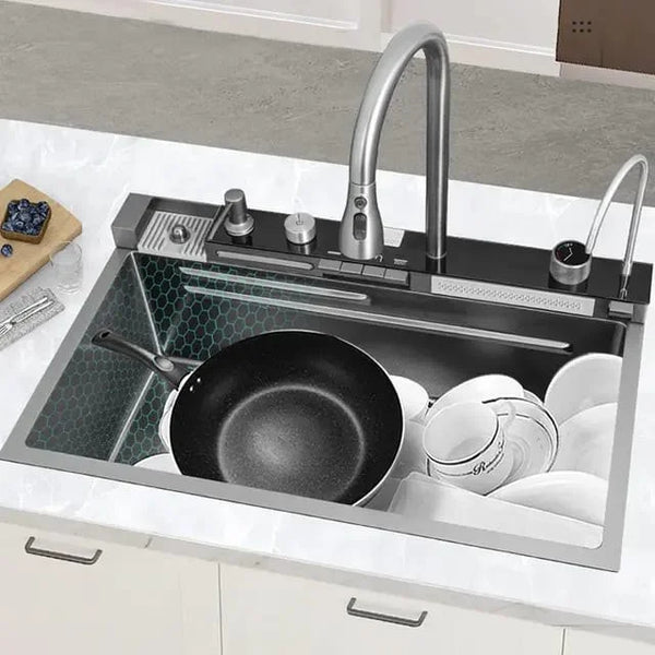 Chiuveta multifunctionala cu 2 cascade cu accesorii incluse, afisaj digital a temperaturii si robinet cascada, culoare negru grafit, dimensiune 750x460mm