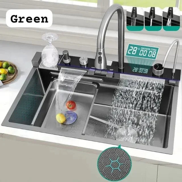 Chiuveta multifunctionala cu 2 cascade cu accesorii incluse, afisaj digital a temperaturii si robinet cascada, culoare negru grafit, dimensiune 750x460mm