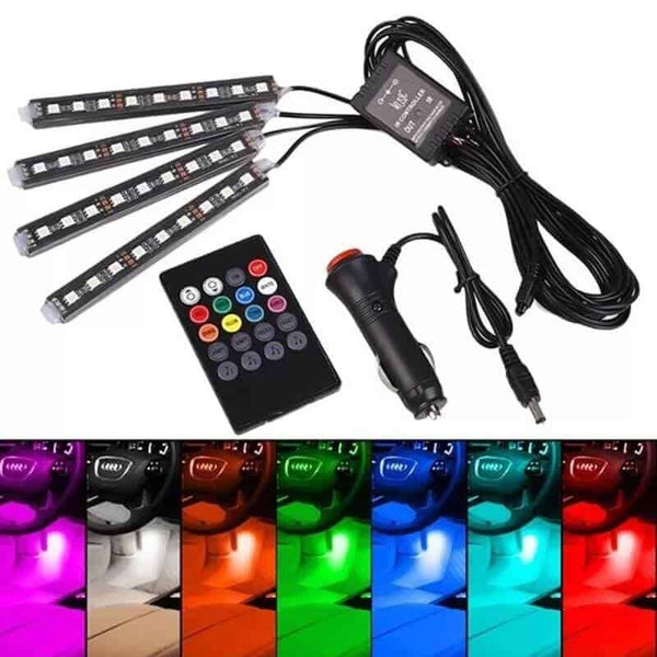 1+1 CADOU Sistem Iluminare Ambientala Auto cu 4 Benzi LED RGB si Telecomanda - 7 Culori Schimbabile