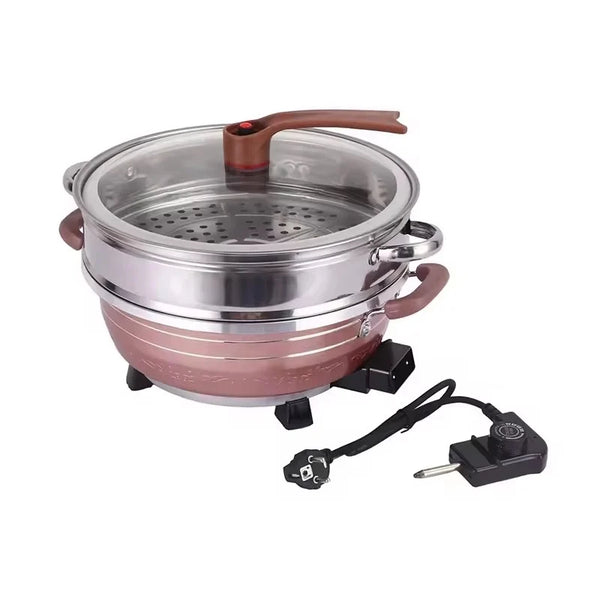 Oala electrica multifunctionala, Hoffmans HM-3031, 1500W, 32cm, sub presiune, material antiaderent, 5 trepte, roz-argintiu