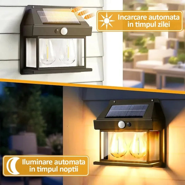 Set 4 x lampa solara de exterior cu 3 becuri NEXTLY, 3 moduri de functionare, senzori de miscare si lumina, stare de veghe, lumina calda, waterproof, 38W, negru/alb