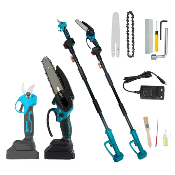 Set Foarfeca De Gradina + Mini Drujba 6 Inch, 2 Acumulatori 48V, Brat Telescopic 2.13m, Unghi Reglabil