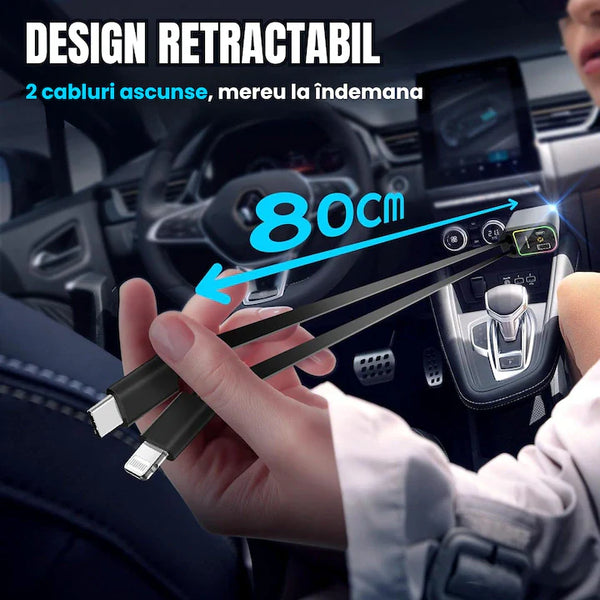 Incarcator Auto 4 in 1 Retractabil – 66W Incarcare Super Rapida, Proiectie Cer Instelat, Porturi USB & Type-C, Cabluri iPhone si Type-C, Unghi Reglabil 180°
