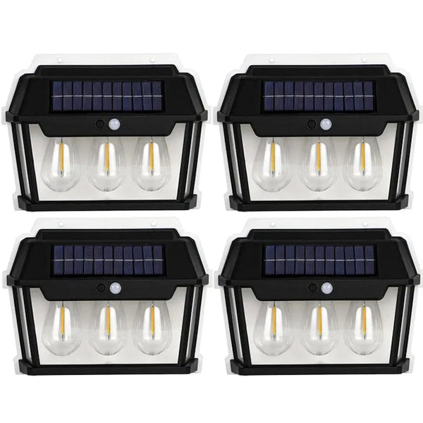 Set 4 x lampa solara de exterior cu 3 becuri NEXTLY, 3 moduri de functionare, senzori de miscare si lumina, stare de veghe, lumina calda, waterproof, 38W, negru/alb