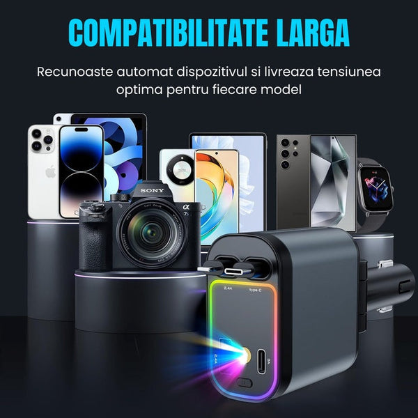 Incarcator Auto 4 in 1 Retractabil – 66W Incarcare Super Rapida, Proiectie Cer Instelat, Porturi USB & Type-C, Cabluri iPhone si Type-C, Unghi Reglabil 180°
