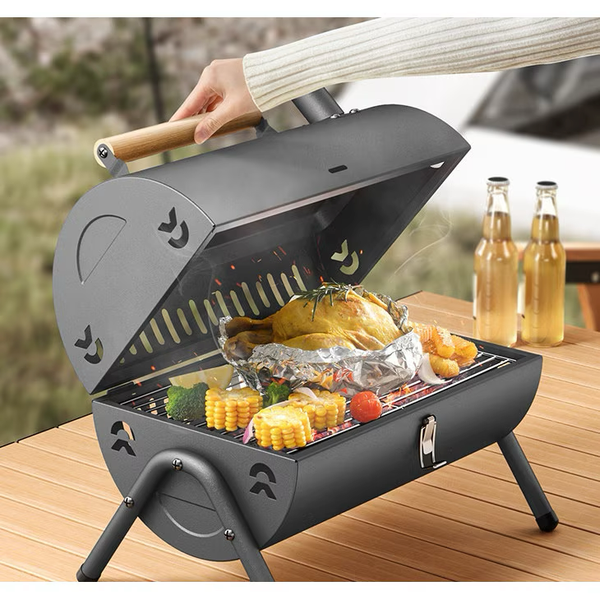 Gratar, mic portabil, de uz casnic, multifunctional, carbune, cu tigaie pentru gratar, design zona de gratar cu doua fete, suport triunghiular stabil, echipat cu orificii, negru, 37X25X38CM