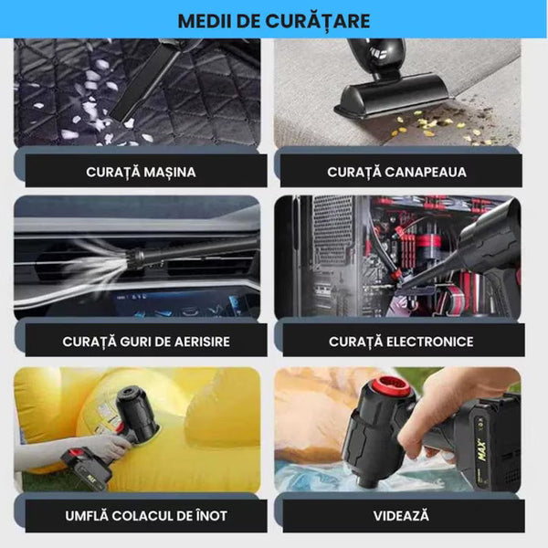 Aspirator Auto 6 in 1 Fara Fir, pentru Casa, Masina, Calculator, Birou, Putere 100W, Eficienta Mare, Functii de Aspirare, Suflare, Vidare, Filtru HEPA, Perie Detailing, Negru