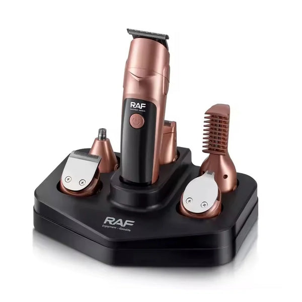 Set cu aparat de tuns fara fir, RAF R4021, 5W, cu 19 accesorii, incarcare USB Type C si suport, 19.5x15x20cm, negru-cupru