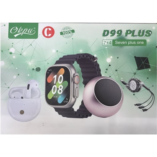 Set D99 Plus cu Ceas Smart, Casti in-ear, Boxa si Cabluri incarcare, 7 bratari pentru ceas, Multicolor