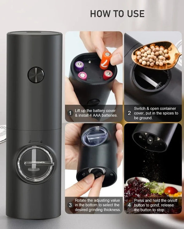 Set electric de rasnite pentru sare si piper, 2 bucati, negru, cu suport, functionare automata, ajustare grosime, 70ml