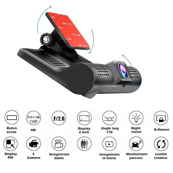 Camera auto tripla Blackbox L300-1, Full-HD, 3 camere-fata/spate/interior, ecran 4'', G Senzor