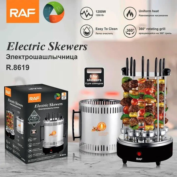 Gratar Electric Vertical RAF-8619, Fara Fum, 1200W, 8 Frigaruie Rotative din Otel