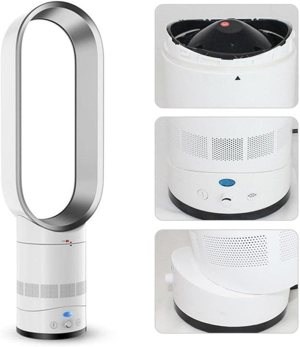 Ventilator fără pale, alb-argintiu, tip coloană, 16 inch, telecomandă inteligentă cu oscilație și temporizator