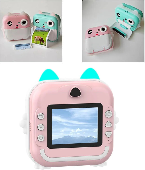 Aparat foto digital cu imprimare termica pentru copii, focalizare automata, display color de 2,4 inch 1080P Full HD