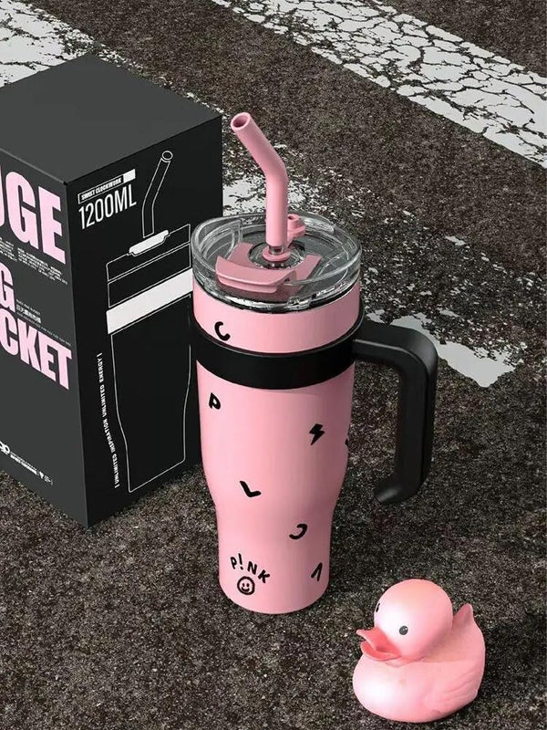 1+1 CADOU Pahar termos izolat din otel inoxidabil, 1200 ml, cu pereti dubli, maner si pai