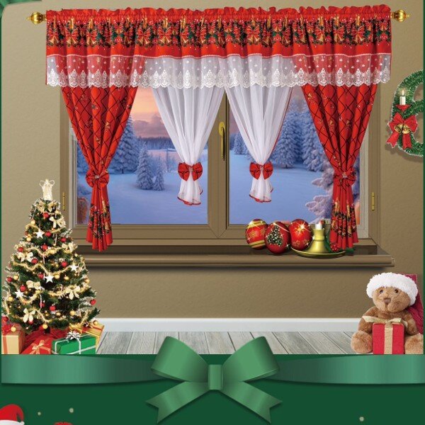 Set perdea cu draperie, motive de craciun, 400x160cm