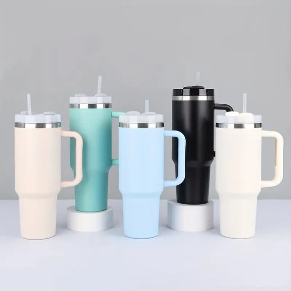 Termos pentru masina, 1200 ml, cu maner si pai, din otel inoxidabil 304