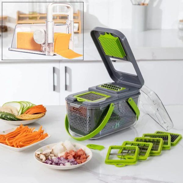 Razatoare multifunctionala pentru legume, cu 22 de accesorii + Recipient ermetic 4-în-1 pentru depozitare, feliere și răzuire brânză