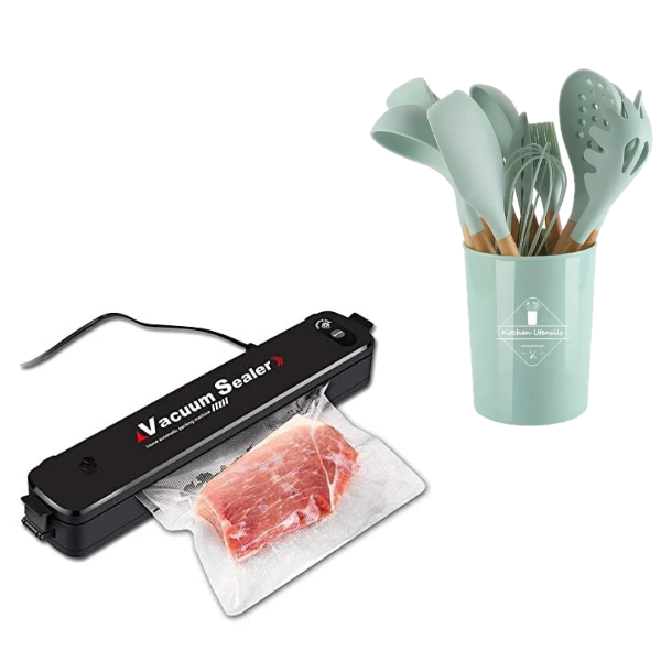 Aparat pentru vidat performant + Set 12 Ustensile de Gatit din Silicon, cu Maner din Bambus