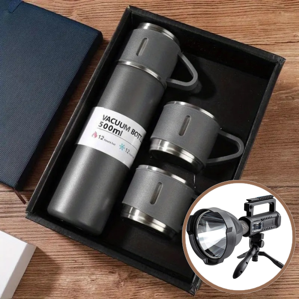 PACHET Lanterna LED, reincarcabila, functie Powerbank, 4 moduri iluminare + Set Termos cu 2 cani extra, perete dublu vacuum izolator