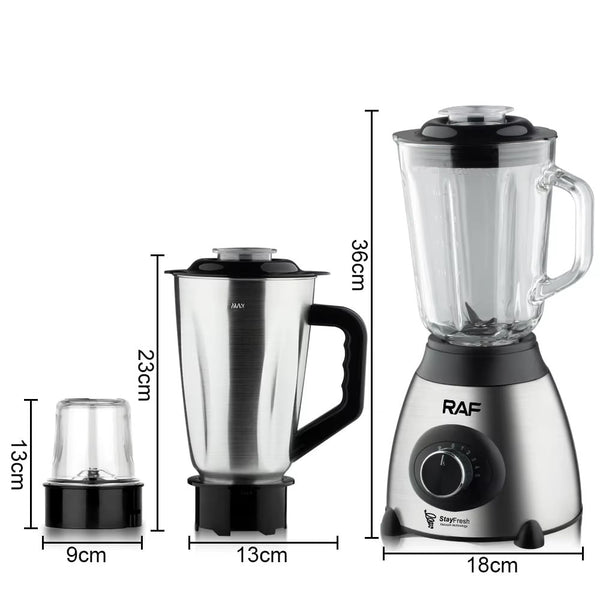 Blender Electric 3 în 1 RAF R.2871, 1000W, Pahar 1.5L din Sticlă, Vas Inox, Râșniță, 2 Viteze + Pulse, StayFresh, Negru/Inox