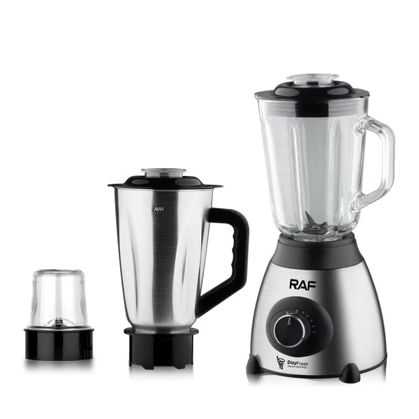 Blender Electric 3 în 1 RAF R.2871, 1000W, Pahar 1.5L din Sticlă, Vas Inox, Râșniță, 2 Viteze + Pulse, StayFresh, Negru/Inox