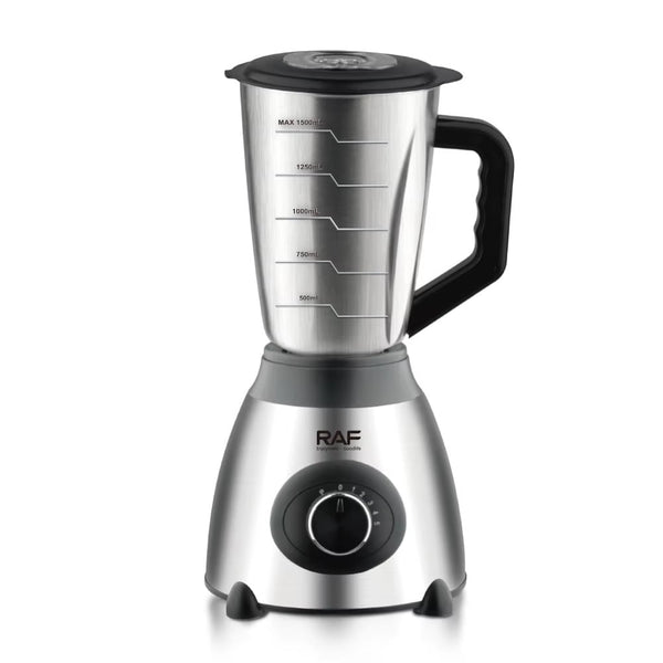 Blender Electric 3 în 1 RAF R.2871, 1000W, Pahar 1.5L din Sticlă, Vas Inox, Râșniță, 2 Viteze + Pulse, StayFresh, Negru/Inox