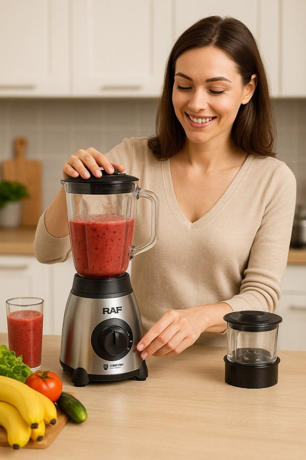 Blender Electric 3 în 1 RAF R.2871, 1000W, Pahar 1.5L din Sticlă, Vas Inox, Râșniță, 2 Viteze + Pulse, StayFresh, Negru/Inox