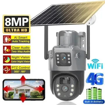 Camera De Supraveghere Cu Panou Solar,4G,Senzor De Miscare,Lentile Duble,4G HD 8MP + CARD 32GB CADOU