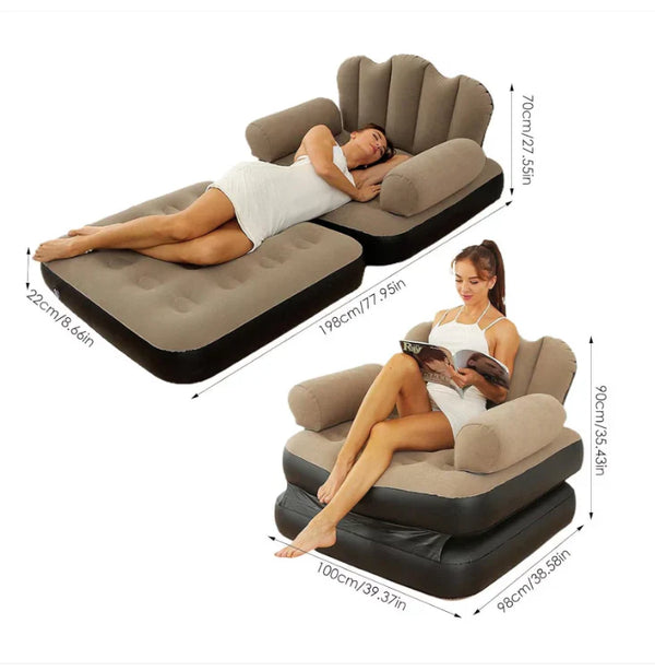 Fotoliu gonflabil 2-in-1, pliabil, multifunctional, potrivit pentru dormitor si living, usor de depozitat, maro/negru
