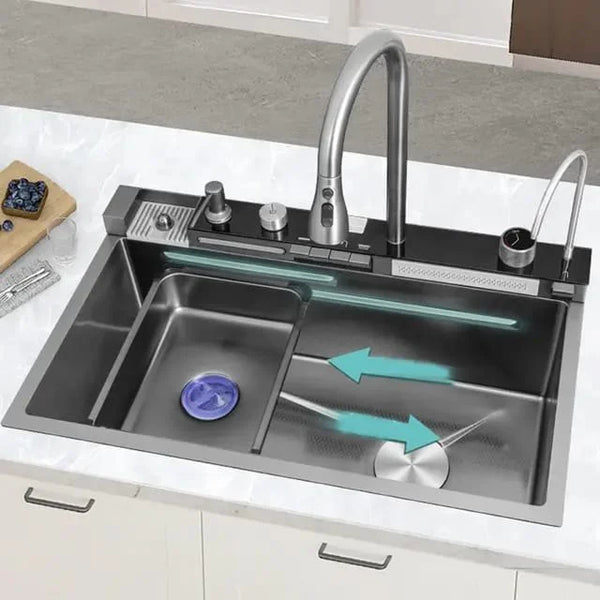 Chiuveta multifunctionala cu 2 cascade cu accesorii incluse, afisaj digital a temperaturii si robinet cascada, culoare negru grafit, dimensiune 750x460mm