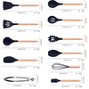 Set 19 ustensile de gatit din silicon cu maner rezistent din bambus, suport si tocator