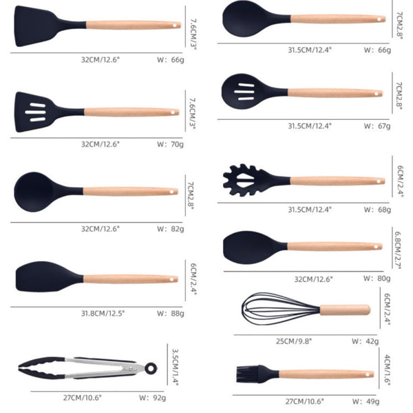Set 19 ustensile de gatit din silicon cu maner rezistent din bambus, suport si tocator